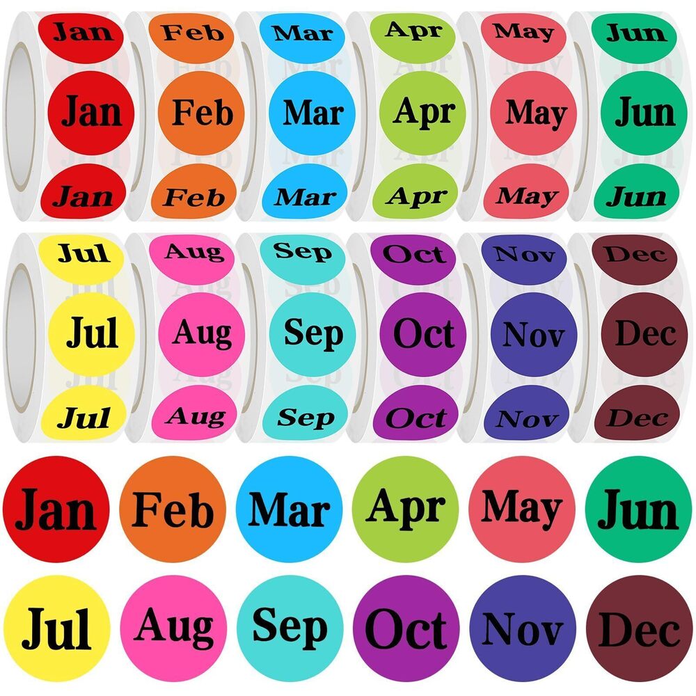 1933 12 Rolls 6000 Labels Round Month Stickers, 1 Inch 12 Months of The